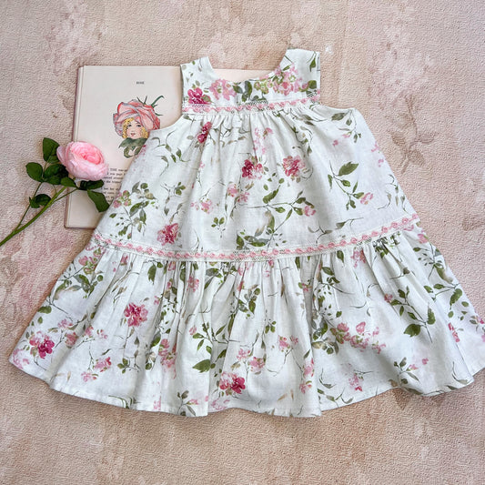 Girls size 3T pretty soft pink and cream summer dress with vintage lace, sleeveless. Cotton/Linen. Free Shipping.