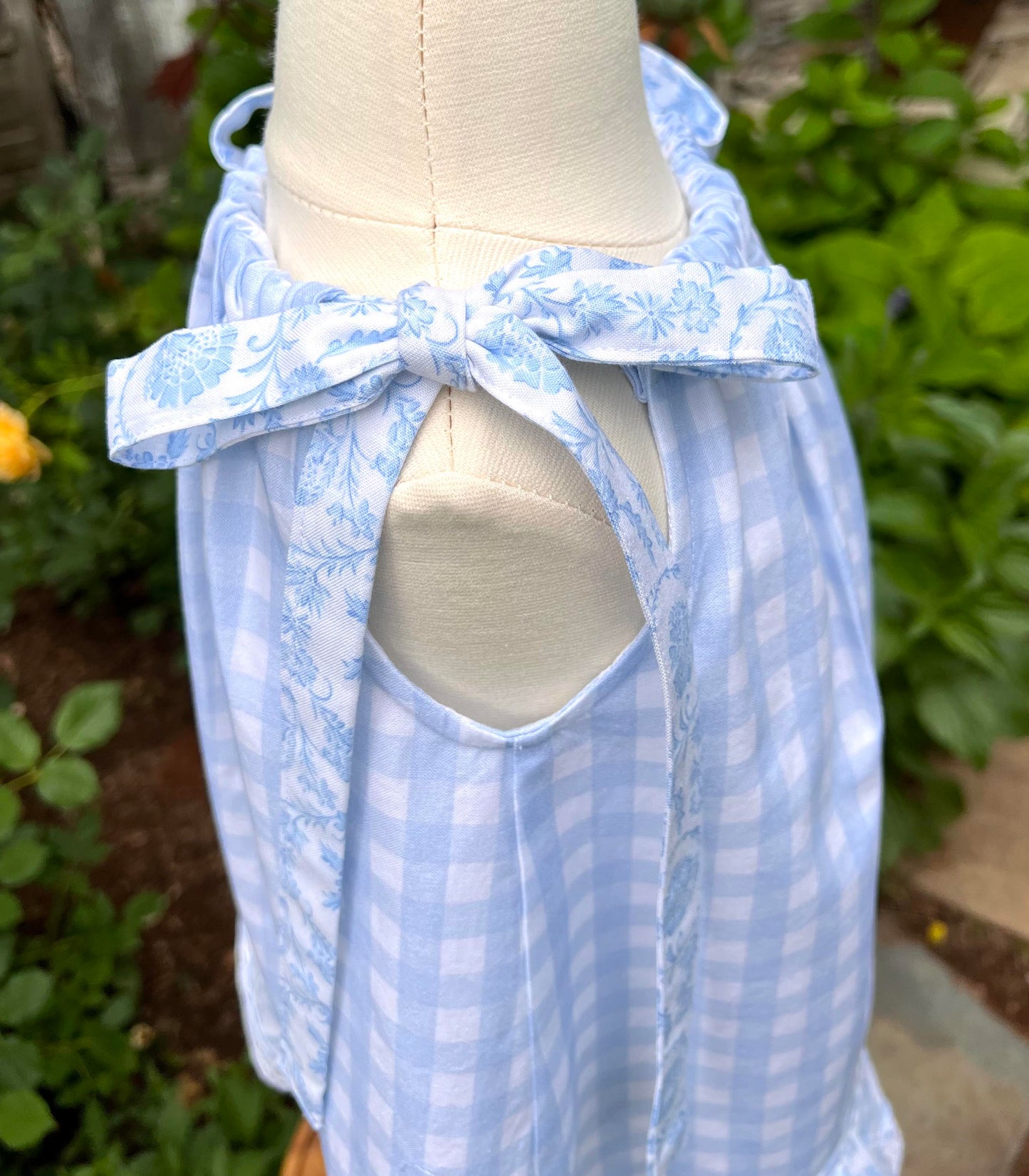 Toddlers size 12-18 month pretty blue plaid and floral summer dress with vintage lace, sleeveless. Cotton. Free Shipping.