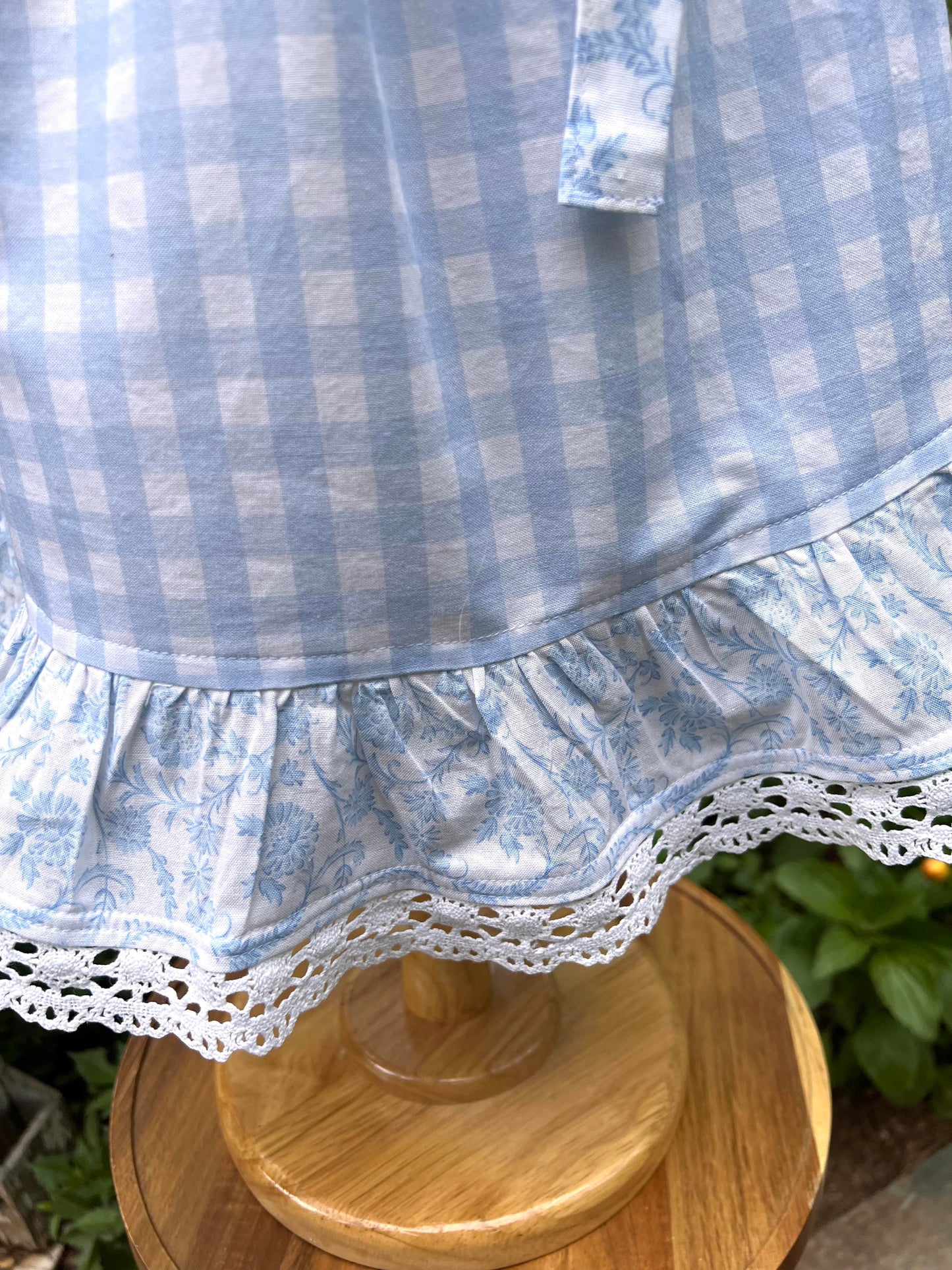 Toddlers size 12-18 month pretty blue plaid and floral summer dress with vintage lace, sleeveless. Cotton. Free Shipping.