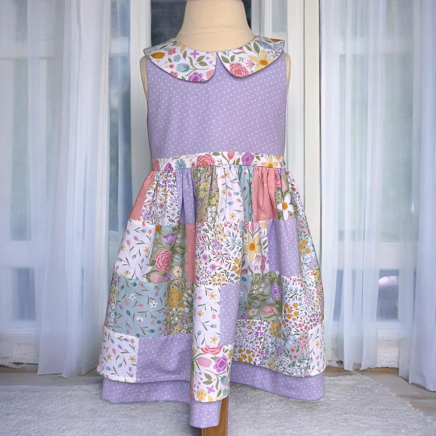 Spring Garden - Size 5 Patchwork Dress with purple polka dots - perfect for spring. Free Shipping