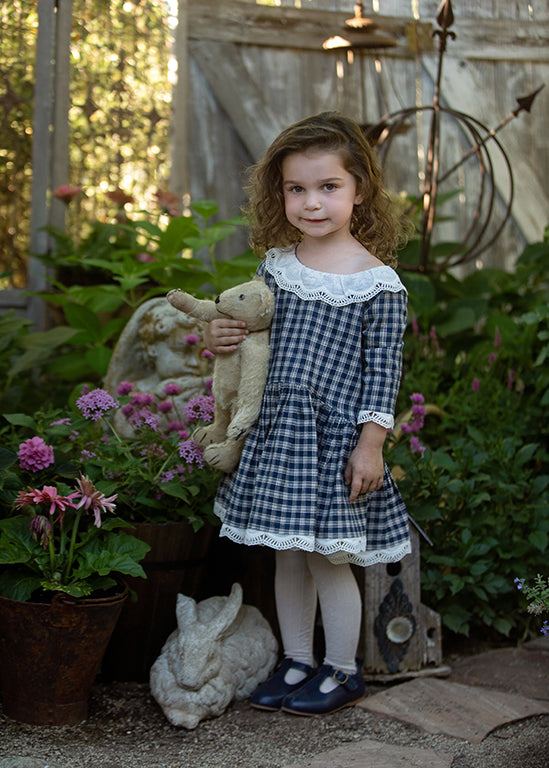 Sweet size 3 drop shoulder twirly dress, Cotton, lace embelishment, blue checked. Free Shipping.