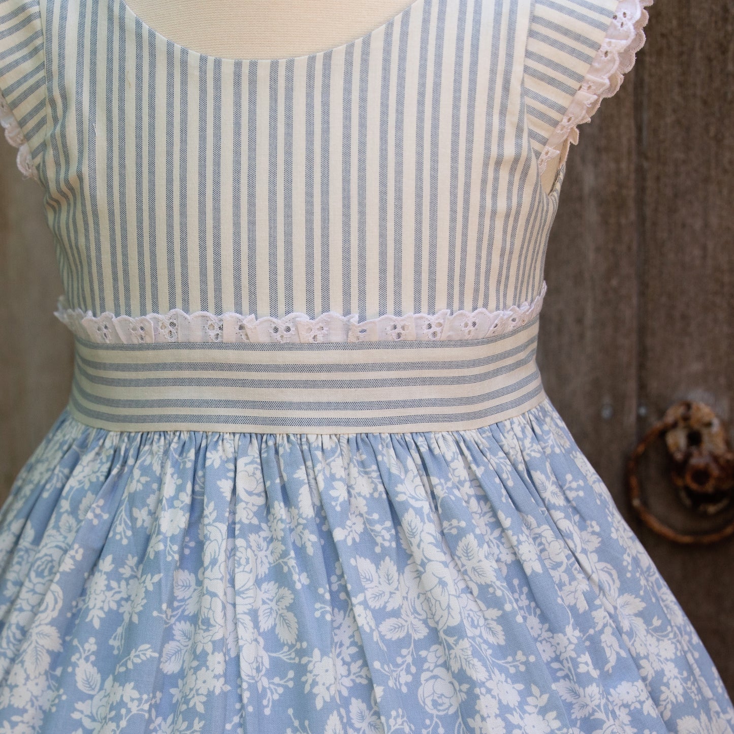 Blue Roses & Stripes - Size 6 with vintage lace - Custom size available as well