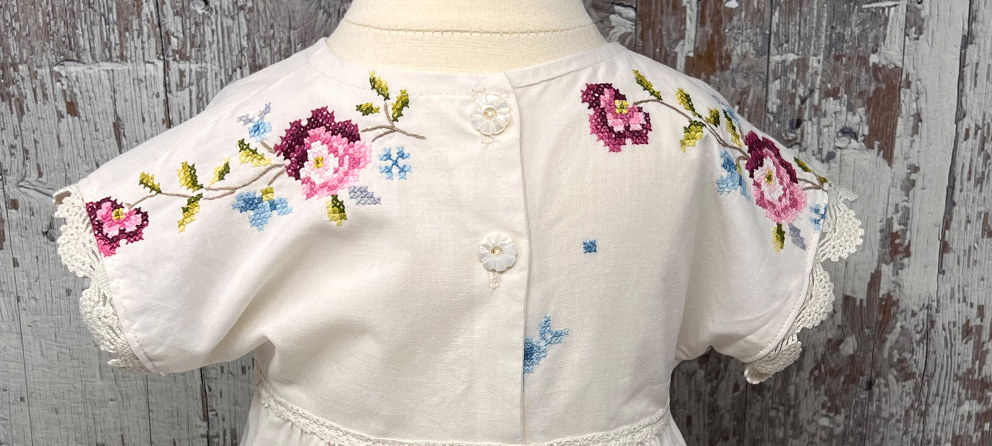 Sweet 9-12 embroidered top and bloomers using vintage linens and lace. Hand embroidery. Free Shipping.
