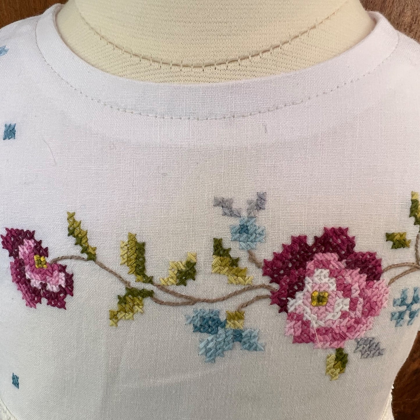 Sweet 9-12 embroidered top and bloomers using vintage linens and lace. Hand embroidery. Free Shipping.