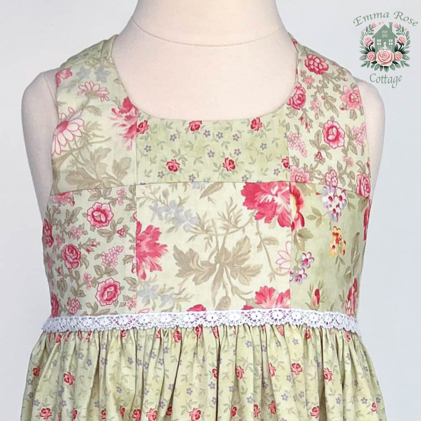 Spring Blossom - Size 7. Colorful patchwork bodice and criss cross straps with large bow in back