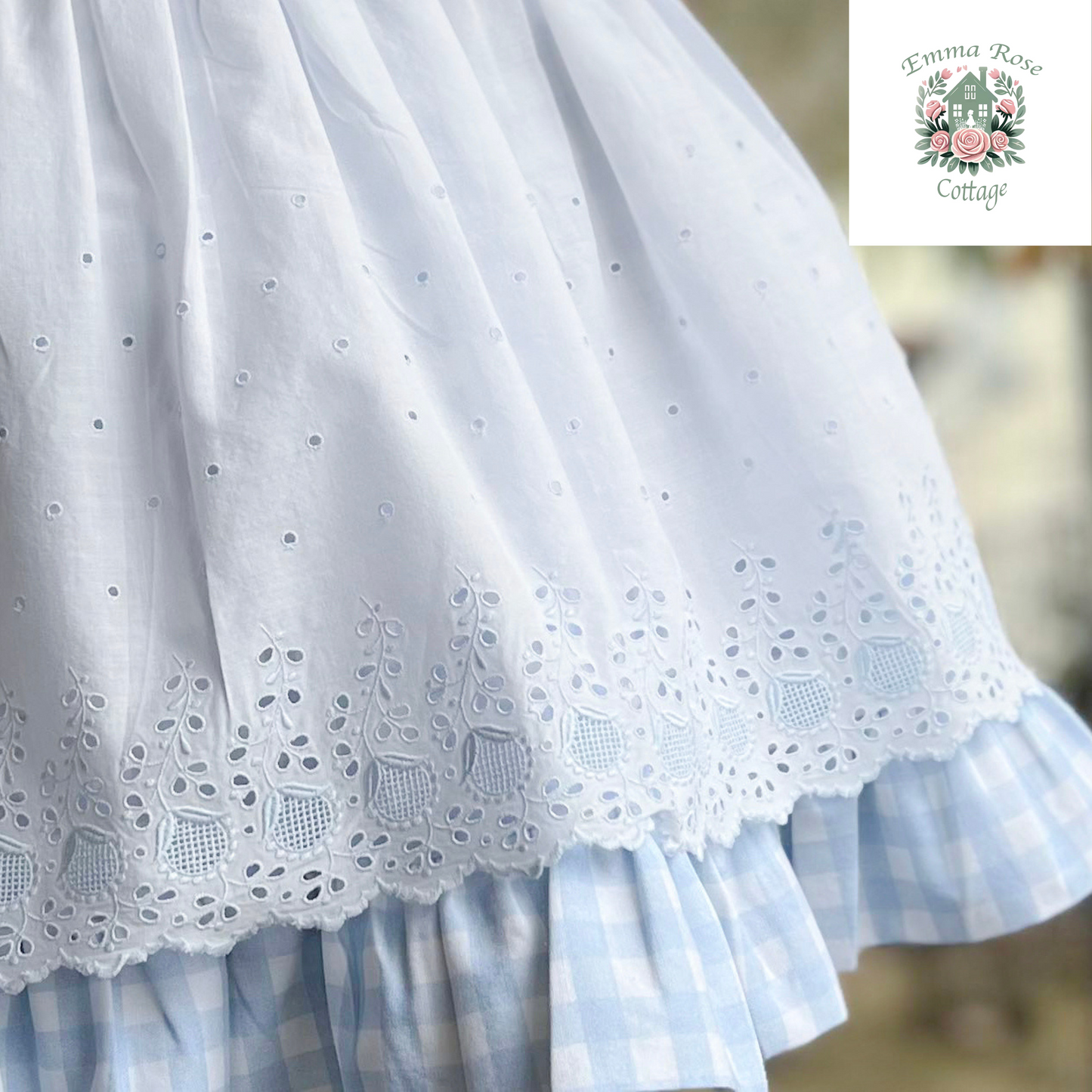 Vintage Elegance - Size 3T - beautiful blue gingham with embroidered overskirt and vintage lace